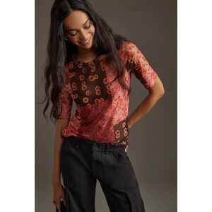 Anthropologie Porridge Clothing Patchwork Floral Mesh Short Sleeve Top‎ Size XS